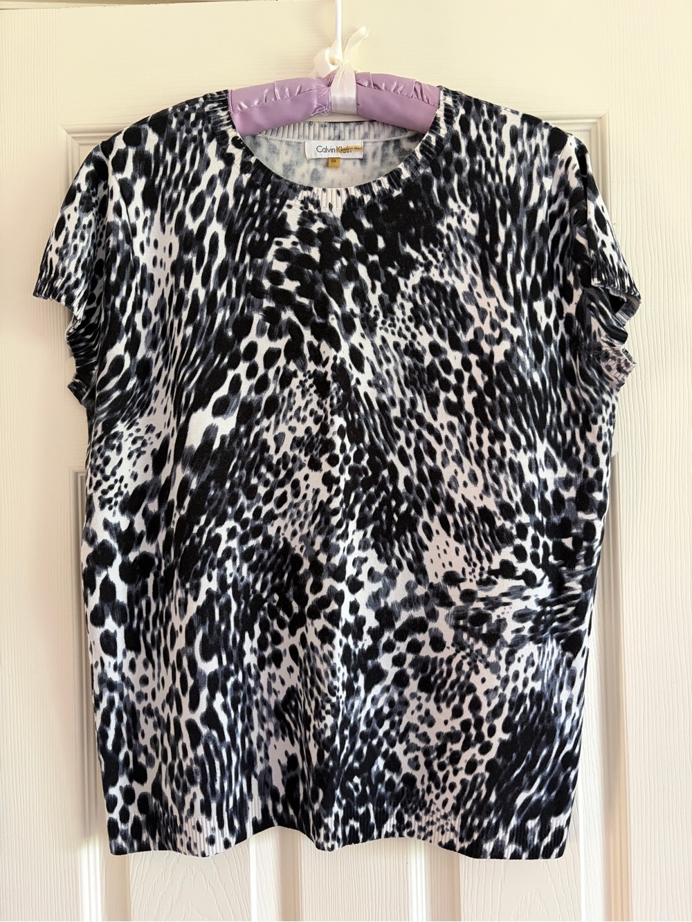 Calvin Klein Silk Blend Black & White Animal Print Short Sleeve Sweater Women 0X